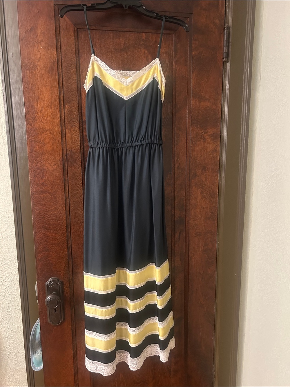 Robert Rodriguez Green Slip Dress with Yellow Stripes and Lace Trim